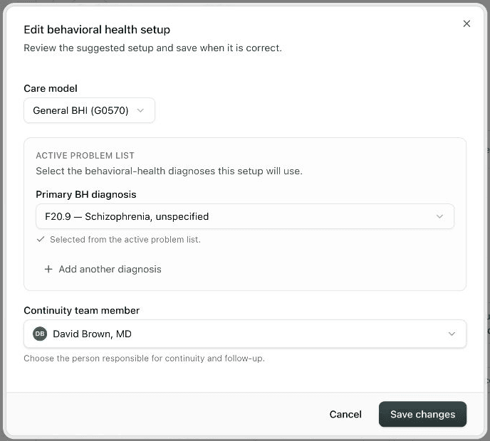 The behavioral-health setup form showing General BHI, a primary diagnosis, and the continuity team member.