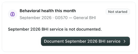 The Behavioral health this month card for a General BHI month that has not been started.