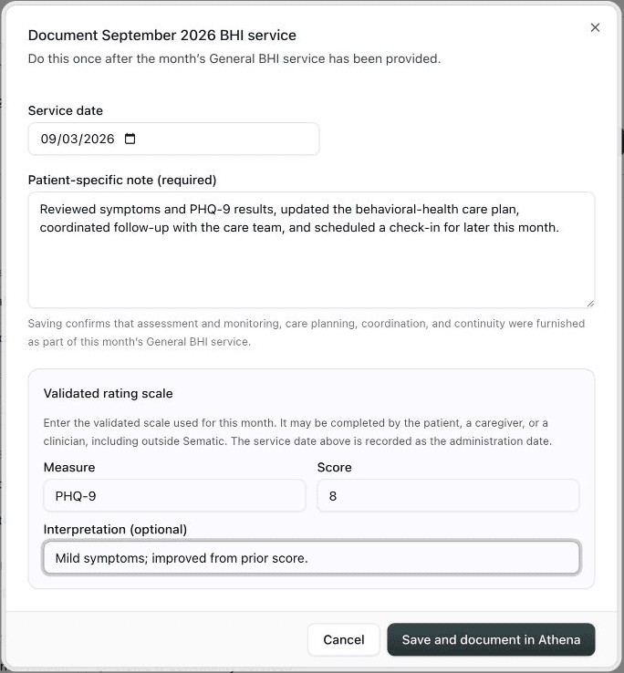 A completed General BHI monthly action with a service date, patient-specific note, PHQ-9 measure, score, and interpretation.