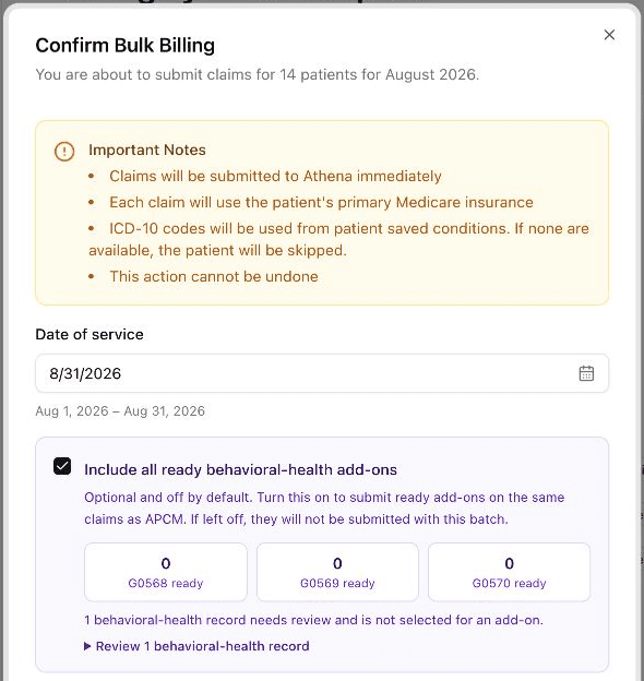 The bulk billing confirmation with Include all ready behavioral-health add-ons selected and preview totals shown.